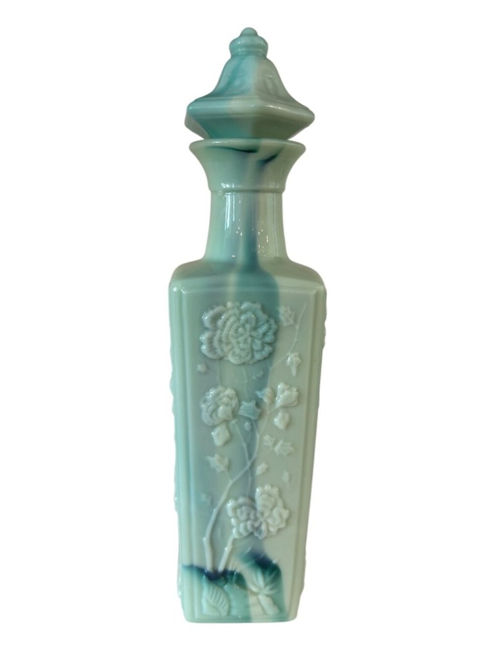 Vintage Aqua Glass Liquor Bottle With Raised Floral Design & Lid 13" Tall